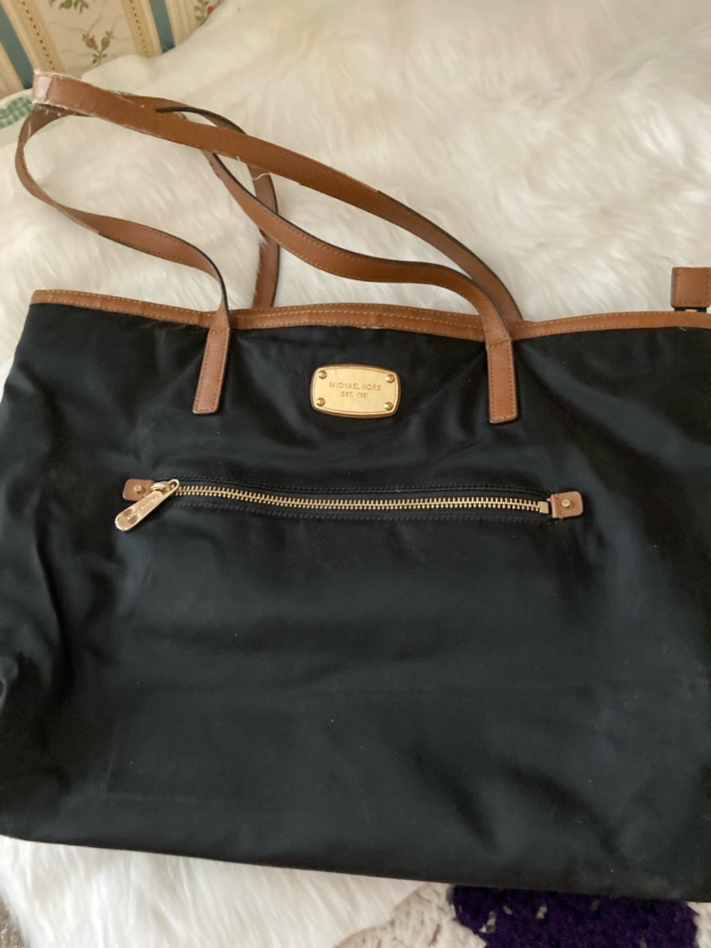 Michael Kors Black Tote with Brown Leather Trim and Gold Hardware